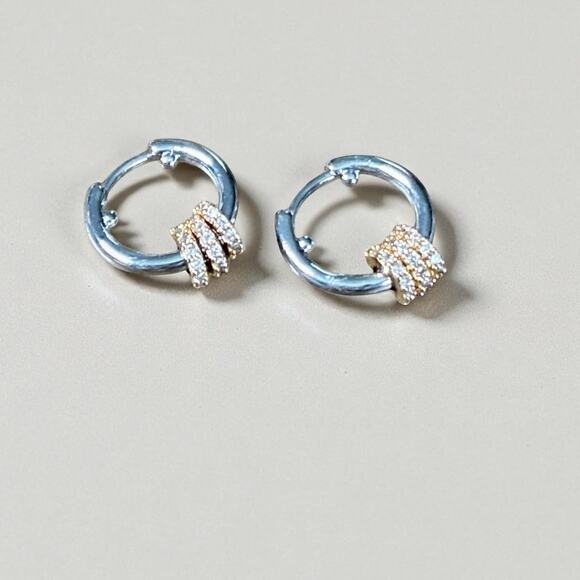 Silver and Gold Huggie Hoop Earrings - Picture 2 of 7